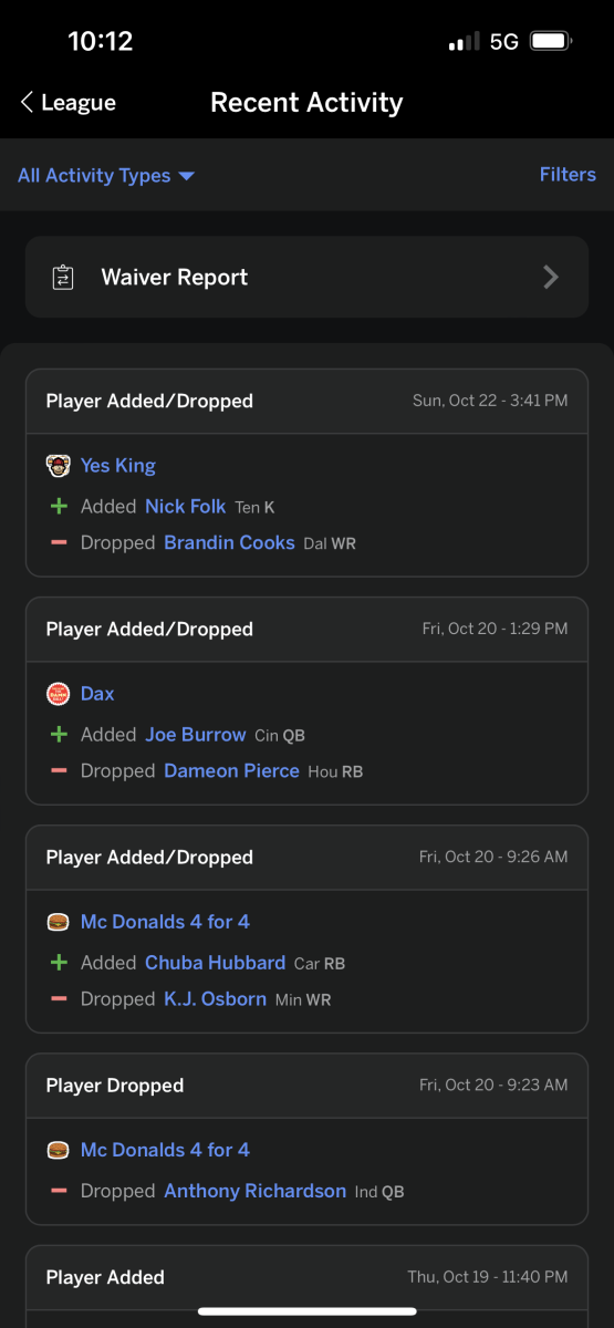 This screenshot of the ESPN Fantasy Football app shows the recent activity of senior Jake Pearcys fantasy league. You can see teams dropping and adding players, maybe even trading players to other teams. The constant activity and attention required to add and keep players on your team to keep winning. “If you don’t keep high levels of attention on fantasy football, other teams will pick up players you may need, and over time it will add up and you can lose, said Pearcy, who is his leagues manager.