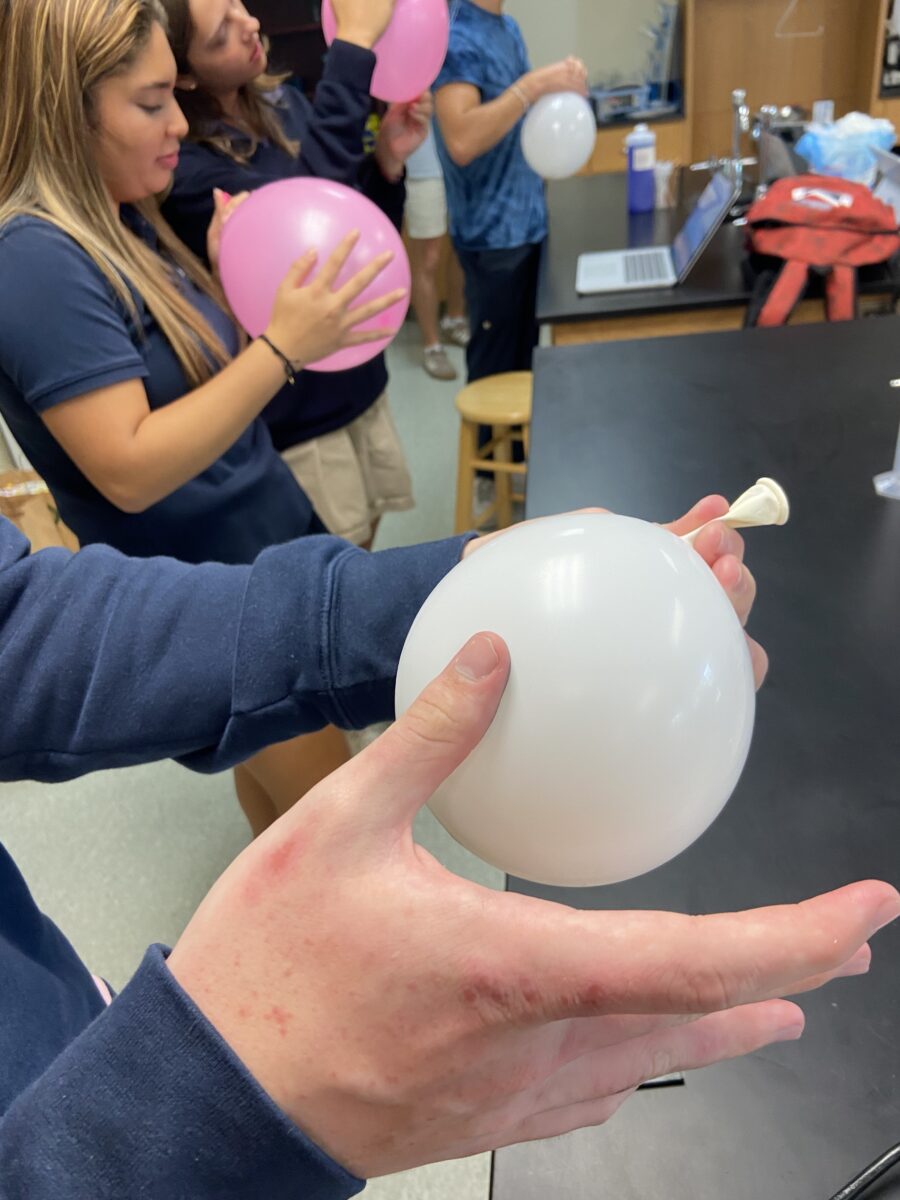 STAMP SESSION: As senior Parkman Steinhour stamps his finger onto the balloon, his fingerprint becomes visible. “This lab was really cool because you don’t really expect all the crevices and stuff to show but they are actually super noticeable on the balloon,” Steinhour said.