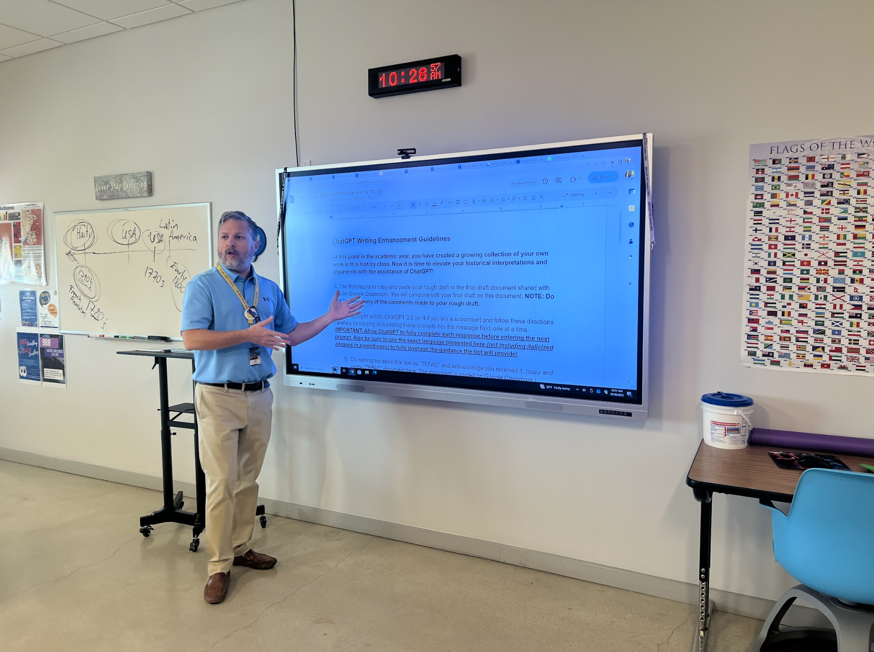 History teacher Derek Smith introduces his Latin American history class to the guidelines that must be followed in order to get the most effective results from ChatGPT. Smith said how important it is to not fear it. Lets embrace it, he said.